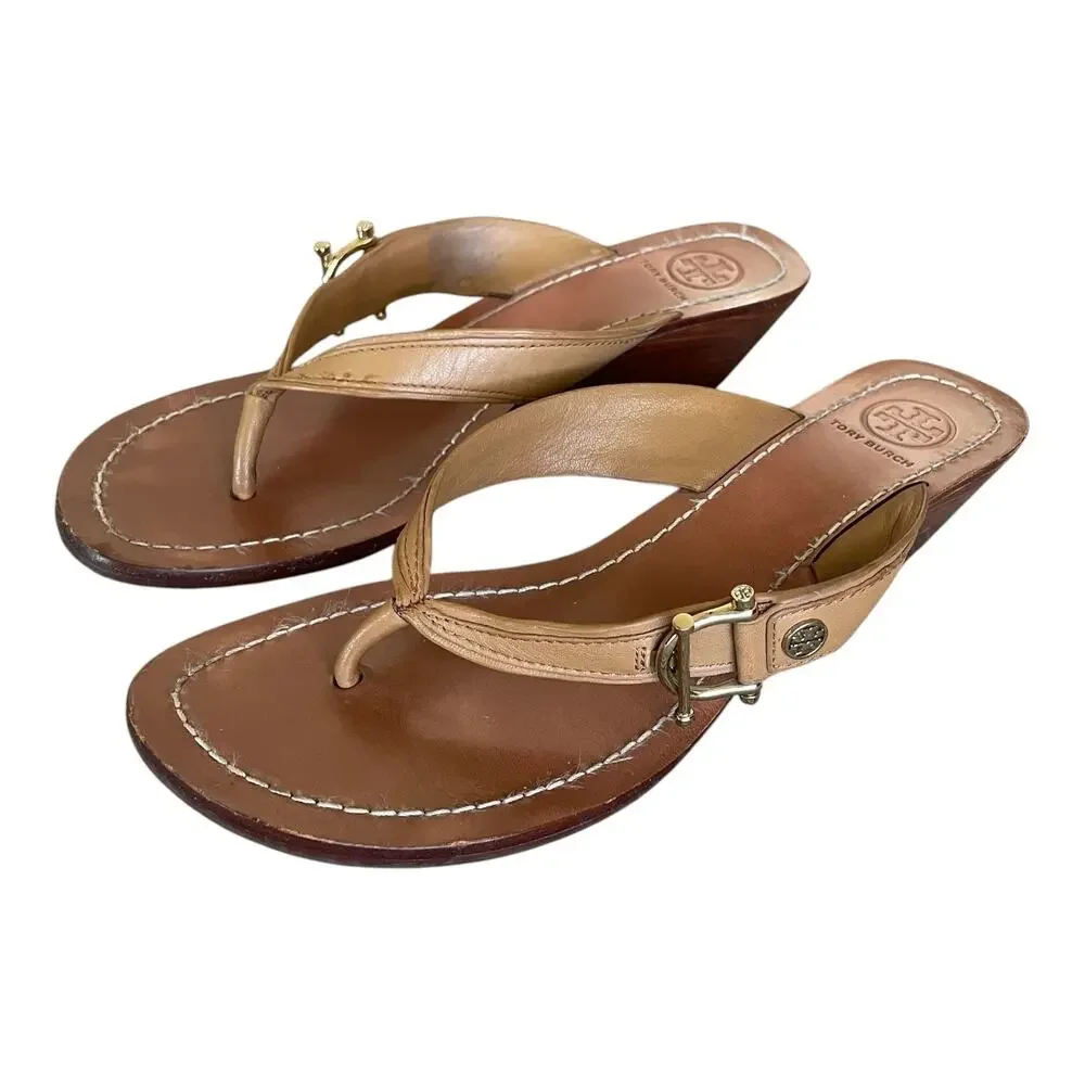 TORY BURCH Nora Mestico Size 7.5 Brown Tan Leather Slip-On Thong Wedge Sandals